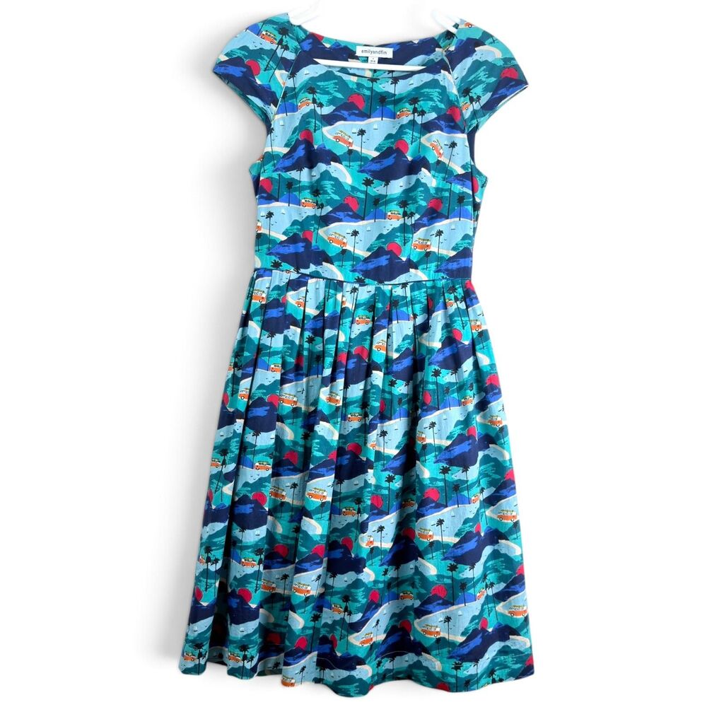 emily and fin 50s knee length dress blue scenic road trip cotton fit flare small